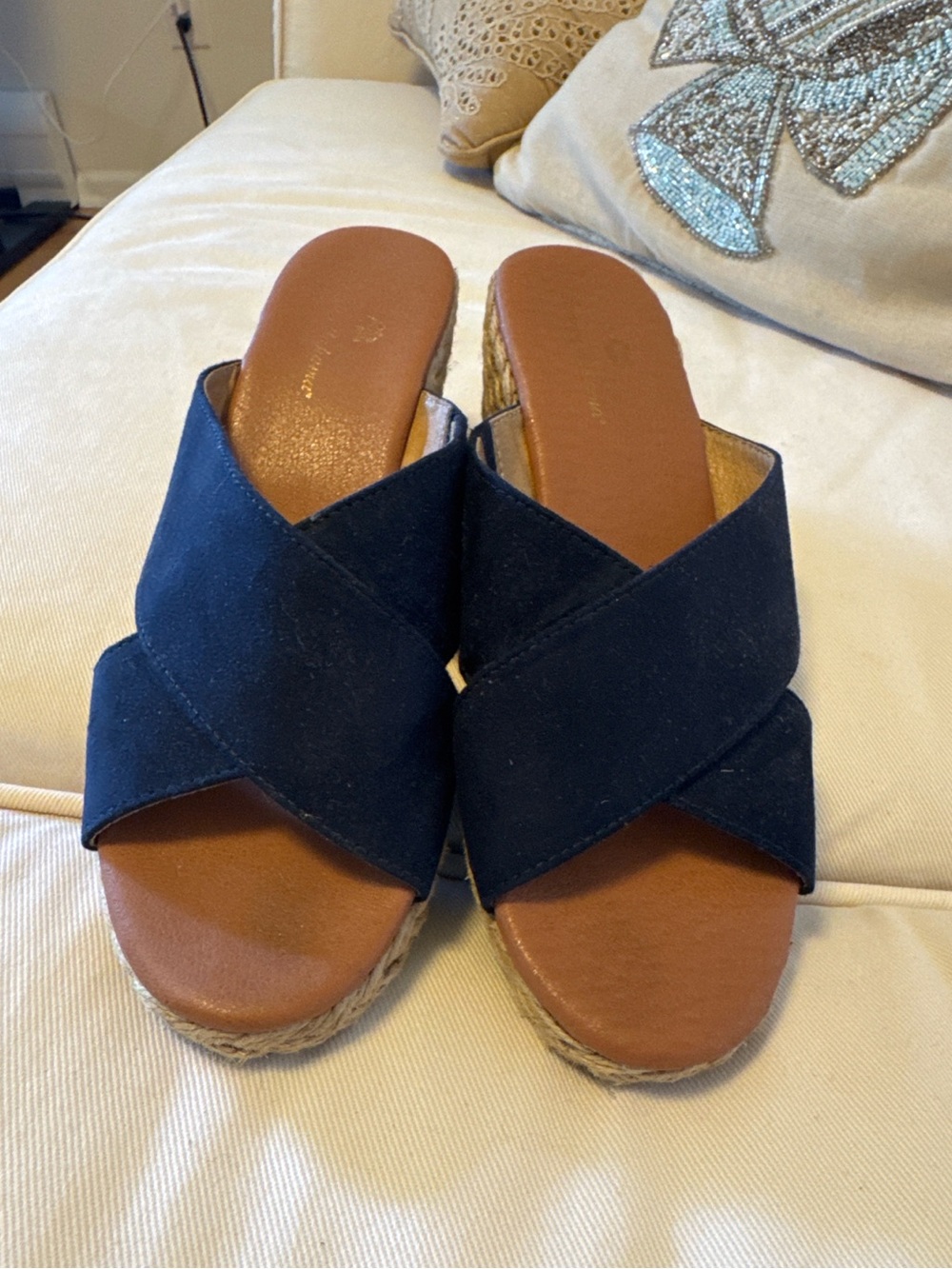 Tommy Bahama Navy Crisscross Espadrille Mules with Brown Footbed